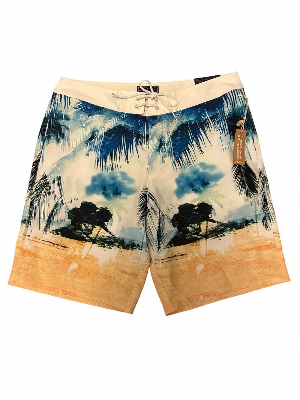 American Eagle Mens Tropical Palm Tree Boardshorts Blue White 10in Inseam Large